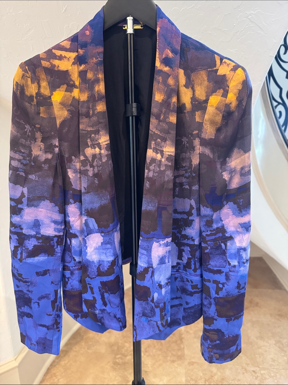 Rebecca Minkoff Open-Front Silk Jacket Blazer in Blue, Purple and Yellow